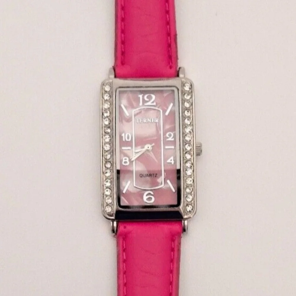 Women's Terner Pink & Silver‎ Toned Bling Wristwatch w/ Adjustable Buckle Band